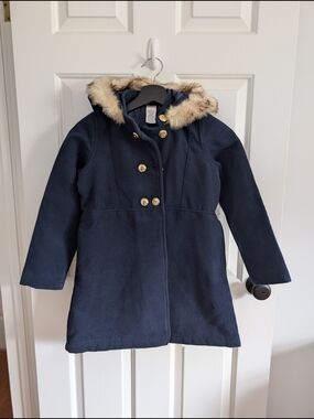 NWT Gymboree Girls Navy Double-Breasted Pea Coat with Faux Fur Trim